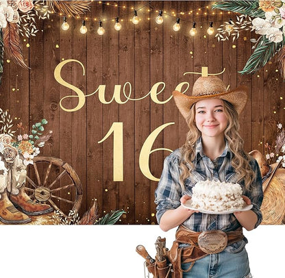 SVBright Sweet 16 Backdrop 7Wx5H Western Cowgirl Retro Boho Pampas Grass Country Flower Floral West Rustic Wooden Boots Hat Farmhouse Decorations Photography Background Banner Photo Booth Studio