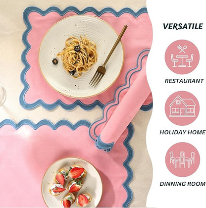 Folkulture Placemats Set of 4 | (13 x 19) 100% Cotton Rustic Place Mats | Heat Resistant Woven Table Mats for Dining Table Decor | Boho Placemats or Scalloped Placemats (Blush)