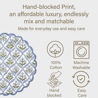 Ridhi Light Steel Blue Bo-ho Round Place Mat Easter Floral Cotton Washable Placemats 15" Round Embroidery Block Print Table Mat Pack of 8-15 Inch Round