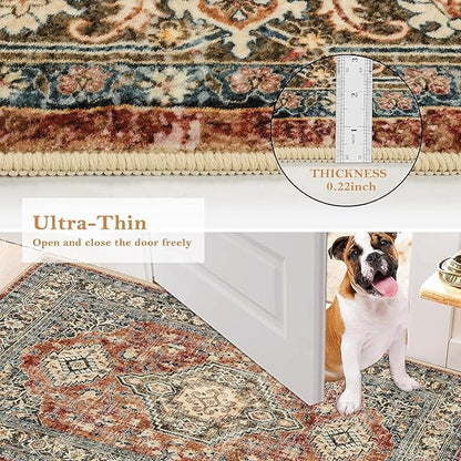 Lahome Oriental Small Area Rug, 2x4 Washable Entryway Rug Non-Slip Ultra-Thin Indoor Door Mat Distressed Throw Carpet for Kitchen Bedroom, Brick Red