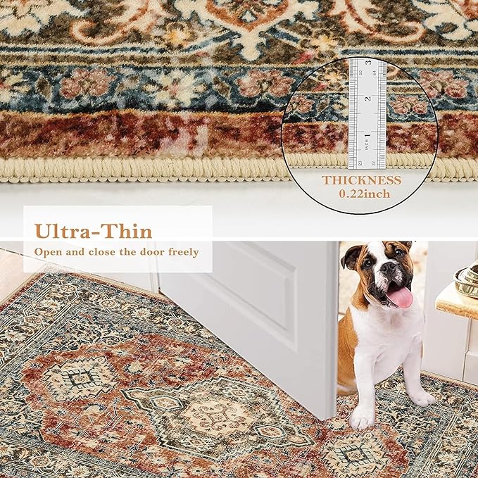 Lahome Oriental Hallway Runner Rug, 2.5x10 Washable Runner Ultra-Thin Hallway Rug for Bedroom Entryway, Soft Long Carpet for Kitchen Bathroom ‎Laundry Room, Brick Red