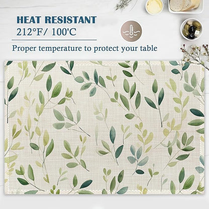 Placemats-Colorful Spring Leaves Linen Table Place Mats Set of 4 Non-Slip Heat Resistant Table Mats for Dining Kitchen Cabin Decor 12x18 Inch