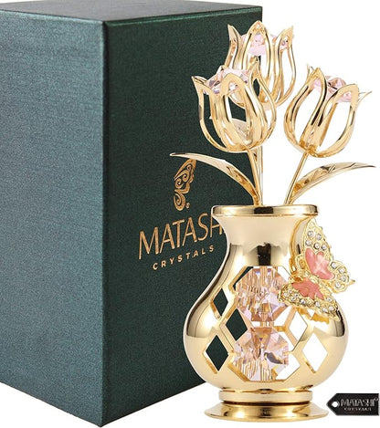 Matashi 24K Gold Plated Flower Ornament with Pink Crystals & Butterfly – Elegant Vase Décor – Perfect Christmas, Valentine’s for Her, Mom, Wife, Grandma