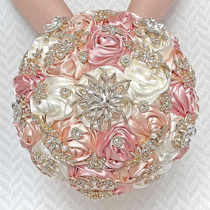 Handmade Satin Rose Floral Bling Pearl Decor Bridal Wedding Bouquet Rhinestone Pendant Artificial Brooch Flowers for Bride Bridesmaid Quinceanera