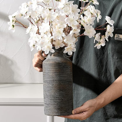 Ceramic Rustic Vase with 2 Round Handles, Antique Farmhouse Flower Vase, Vintage Terracotta Vases for Home Decor, Wedding, Living Room, Table, Shelf Decor - 10.2 Inch Tall, Black Bronze