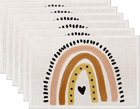 Cute Boho Rainbow Placemats Set of 6, 12x18 Inch Waterproof Stain Resistant Linen Table Placemats Summer Seasonal Farmhouse Kitchen Party Decor Home Decor