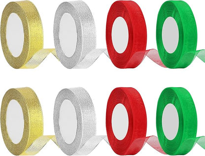 DECYOOL 8 Rolls 300 Yards Christmas Ribbons Metallic Glitter Fabric Organza Holiday Festival Ribbons 4/5" Wide for Gift Wrapping Decoration