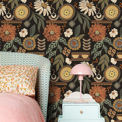 JiffDiff Boho Wallpaper Peel and Stick 17.3" x 400" Vintage Sun Floral Retro Removable Contact Paper Dark Botanical Flowers Bathroom Bedroom Renter Friendly Wall Mural