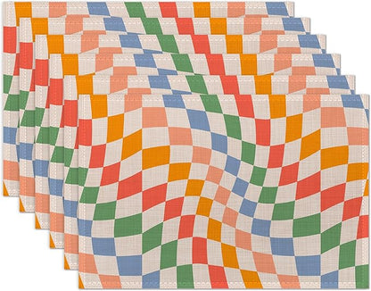 Groovy Retro Wavy Checkered Orange Placemats Set of 6 Place Mats for Kitchen Table Washable Farmhouse Linen Table Mats Dining Decoration 12x18 Inch