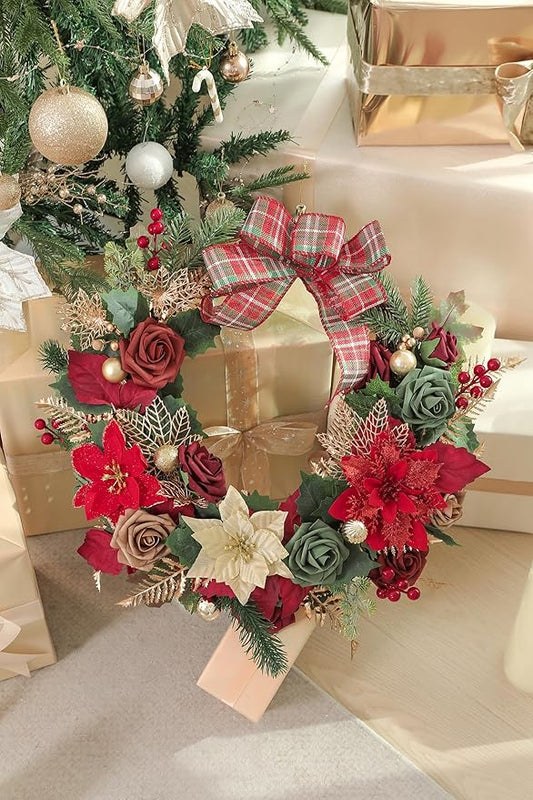 Christmas Flowers Artificial,Red Poinsettias Artificial Christmas Flowers and Greenery Deluxe Combo Set for DIY Tree Ornaments Xmas Wreath Floral Arrangements Centerpieces