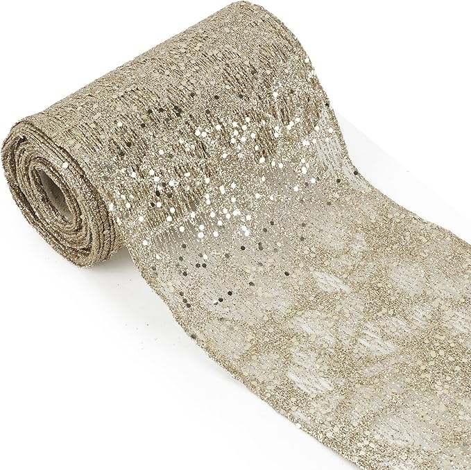 MEEDEE 6 Inch Wide Wired Ribbon Champagne Gold Glitter Mesh Web Wired Edge Ribbon by 10 Yards Roll Champagne Mesh Wired Ribbons for Christmas Tree, Garland, Wreaths, Bows, Centerpiece, Gift Wrapping