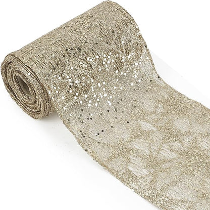 MEEDEE 6 Inch Wide Wired Ribbon Champagne Gold Glitter Mesh Web Wired Edge Ribbon by 10 Yards Roll Champagne Mesh Wired Ribbons for Christmas Tree, Garland, Wreaths, Bows, Centerpiece, Gift Wrapping