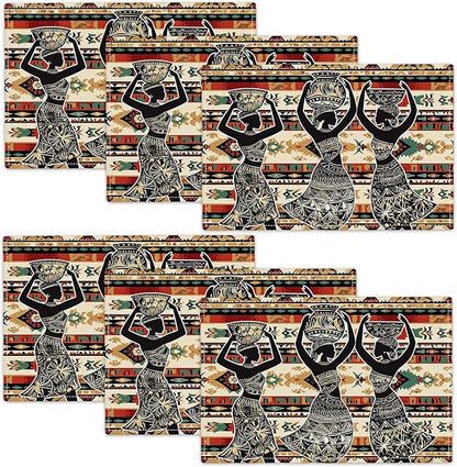 Southwestern Placemats Set of 6, African Woman Place Mats, Rustic Dancing Women with Pot on The Head Dining Table Mats, Washable Placemats for Kitchen Dining Room 18L'' × 12W''