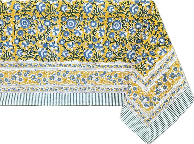 ATOSII Marigold Blue Yellow 100% Cotton Fall Tablecloth, Handblock Print Square Table Cover for Kitchen Dining Linen I Parties, Weddings, Outdoors, Easter Table Decor 60 X 60 Inches I 4 Seater