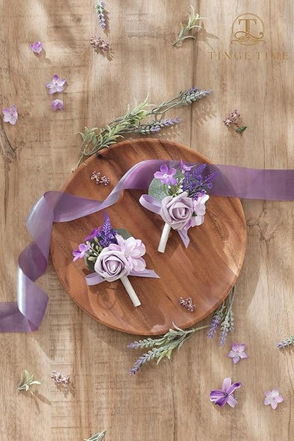 TINGE TIME Lavender Boutonniere for Men Wedding, Set of 2, Groom Groomsmen Boutineers Decor for Ceremony Anniversary, Formal Dinner Homecoming and Rustic Vintage Wedding