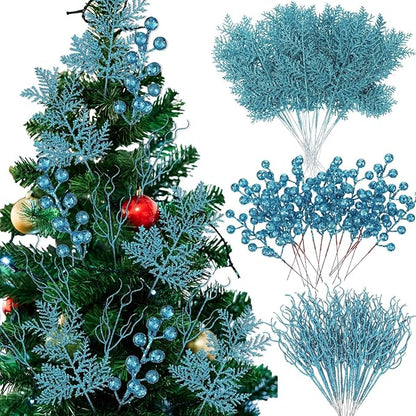 75 Pcs Christmas Glitter Branches 3 Styles Artificial Christmas Picks Berries Stems Pine Needles Floral Twig Spray for Xmas Tree Ornaments DIY Wreath Garland(Light Blue)