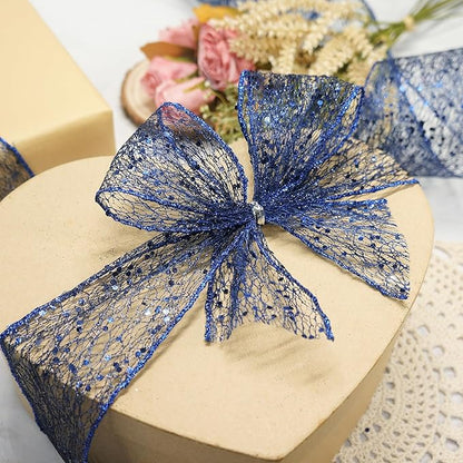 CT CRAFT LLC Sparkling Glitter Mesh Wired Ribbon 2.5" x 20 Yards Blue Navy for Christmas Home Decor Bow Gift Wrapping DIY Crafts Wreath