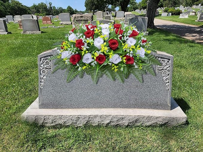 Artificial Cemetery Flowers Saddle-Shaped Tombstone Decorations Non-Fading UV-Resistant （Red and White Saddle