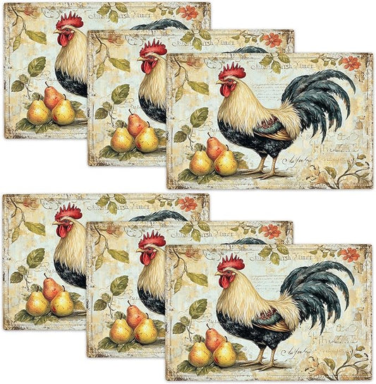 Farmhouse Rooster Placemats Set of 6, Rustic Chicken Place Mats, Pear Dining Table Mats, Washable Placemats for Kitchen Dining Room Home Decor 18L'' × 12W''