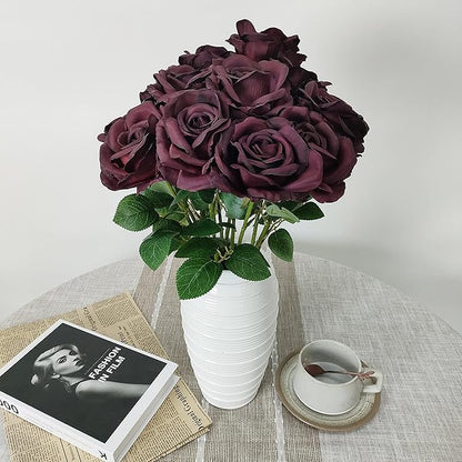 ATFL Burgundy Roses,12 Pcs Burgundy Artificial Flowers,Flower Diameter 4'',Autumn Silk Floral Fake Roses with Stems for Wedding Arrangement Centerpieces Party Home Table Decorations