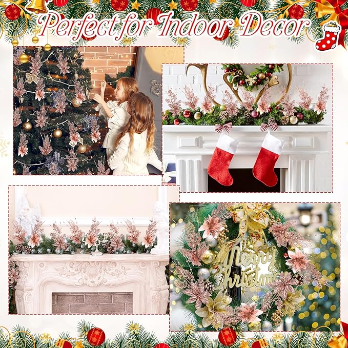 18 Pack 3 Styles 17 Inch Christmas Glitter Poinsettia Berry Stems Ornaments Artificial Floral Branches Picks for Christmas Tree Home Vase Holiday Party Decor(Rose Gold)