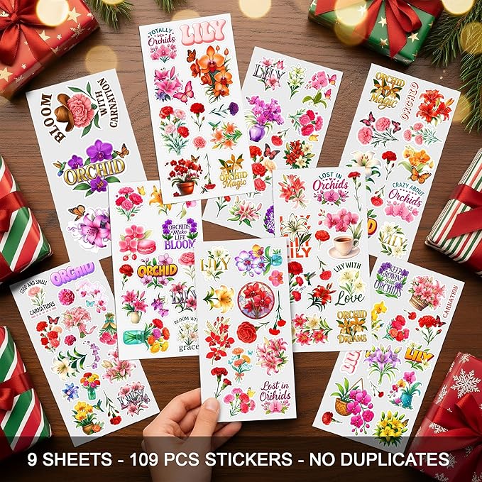 109 PCS Orchid Lily Carnation Stickers Pack, Floral Vinyl Waterproof Decals of Elegant Orchids Pure Lilies Colorful Carnations, Gift for Teens Adults Scrapbook Wall Water Bottle Car