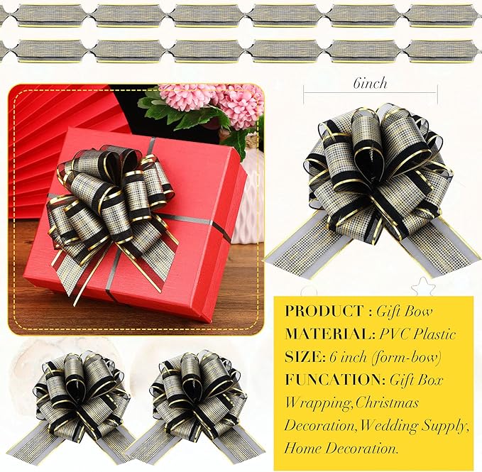 WILLBOND 20 Pieces 6 Inch Pull Bows Gift Wrapping Ribbon Pull Bows for Christmas Wedding Baskets Valentine Multicolor Wrap Accessory for Gift Present Holiday Decor(Black)