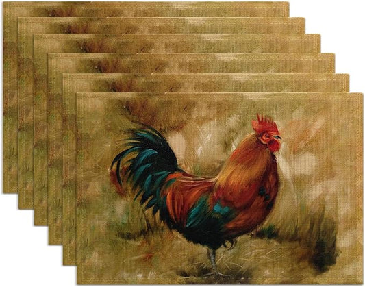 Fall Roosters Placemats Set of 6,Washable Heat Resistant 12×18 Inch Linen Table Mats Farmhouse Animal Place Mats for Party Outdoor Dining Decor