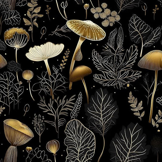 Boho Wallpaper Peel and Stick Dark Floral Contact Paper 17.5" x 118" Vinyl Self Adhesive Vintage Mushrooms Wall Mural Leaf Wall Paper for Room Countertop Drawer Decor(Golden,Black)