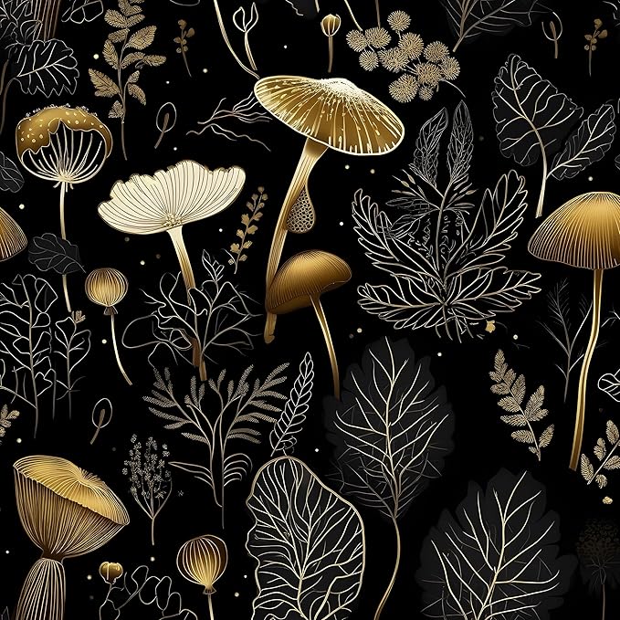 Boho Wallpaper Peel and Stick Dark Floral Contact Paper 17.5" x 393" Vinyl Self Adhesive Vintage Mushrooms Wall Mural Leaf Wall Paper for Room Countertop Drawer Decor(Golden,Black)