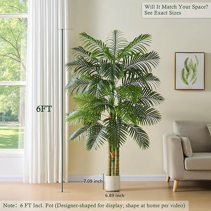 Artificial Golden Cane Palm Tree：6T Fake Large Tropical Areca Palm Trees Tall Faux Silk Plant in White Pot with Realistic Triple Textured Trunks for Office Outdoor Home Decor Hotel Patio Lobby