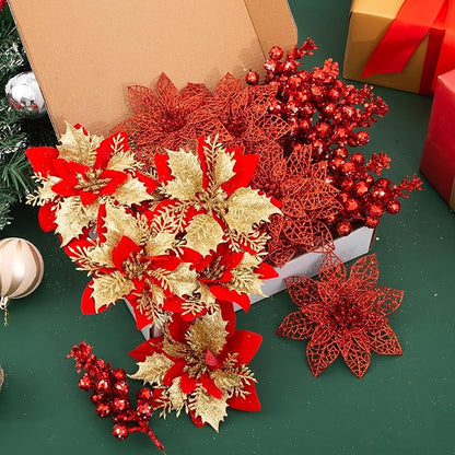 24Pcs Christmas Poinsettia Artificial Flowers and Glitter Berries Kit, 2 Styles Total 16Pcs Christmas Tree Flowers Ornaments, 8Pcs Christmas Tree Picks for Wedding Holiday Decorations, Red Gold