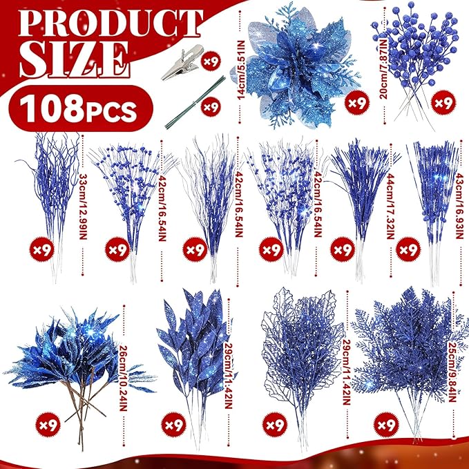Yerliker 108 Pcs Blue Glitter Christmas Picks and Sprays, 12 Styles Artificial Christmas Floral Berry Branches Flowers Stems for Xmas Tree Ornaments Wreath Garland DIY Vase Holiday Party Decor