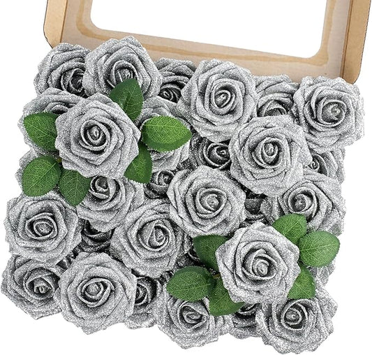 MACTING 30PCS Artificial Glitter Roses Real Touch Fake Flowers with Stem Soft Foam Roses for DIY Wedding Bouquet Table Centerpieces Party Holiday Wreath Home Xmas Christmas Decorations(Silver)