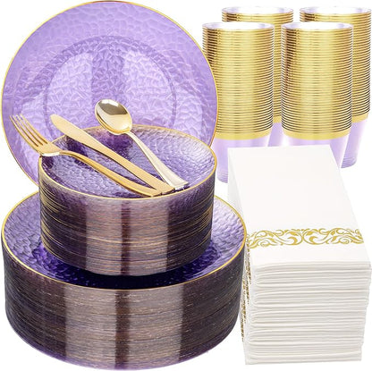 Rubtlamp 350 Pcs Clear Purple Plastic Plates, Gold Plastic Dinnerware Set (50 Guests), Purple Disposable Plates With Gold Rim, Hammered Party Plates Set for Wedding And Party