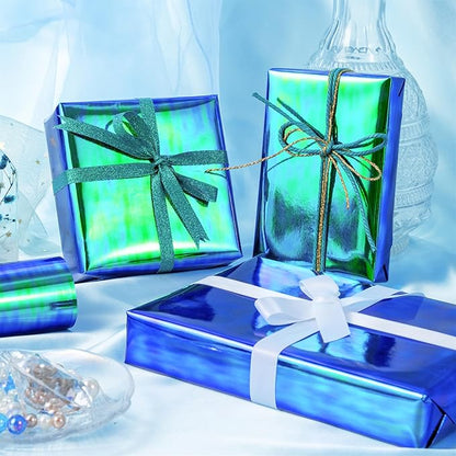 LeZakaa Holographic Wrapping Paper Roll - Bluish Green Design for Birthday, Christmas, Valentine's, Mother's Day, Holiday - 17 inches x 32.8 Feet (47.23 sq.ft.)