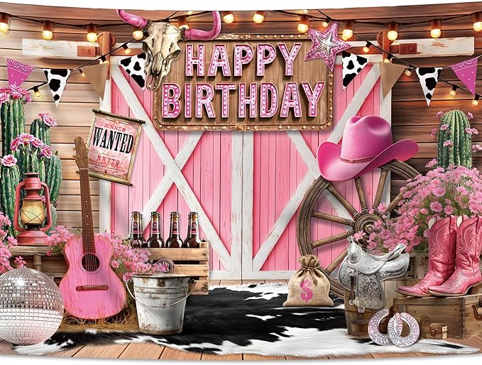 SVBright Western Cowgirl Happy Birthday Backdrop 7Wx5H Pink Barn Door Vintage Rustic Retro Wood Board Cactus Hat Boots Disco Cow Print Decorations Photography Background Banner Photo Booth Studio