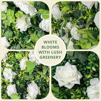 5×8 Ft 3D Artificial Flower Wall Panels, Quick Assembly Storage White Floral Greenery Fake Backdrop Fence Screen for Wedding Baby Show Birthday Party Indoor Outdoor Garden Backyard Home Decor