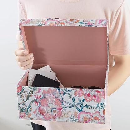 Soul & Lane Decorative Storage Boxes with Hinged Lids, Pink Chinoiserie - Set of 3 Floral Memory Keepsake Boxes with Lids, Pretty Large Cardboard Photo Storage for Organizing, Home Décor, Gifts