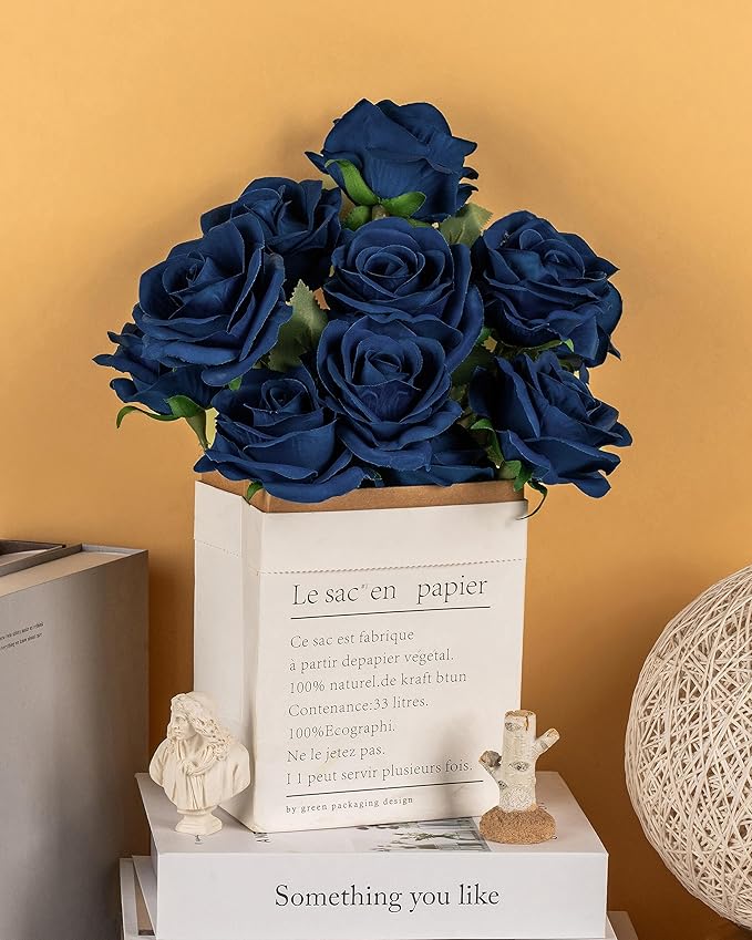 DuHouse 10pcs Silk Roses Artificial Flowers Fake Rose for Arrangement Wedding Party Home Decoration (Navy Blue)