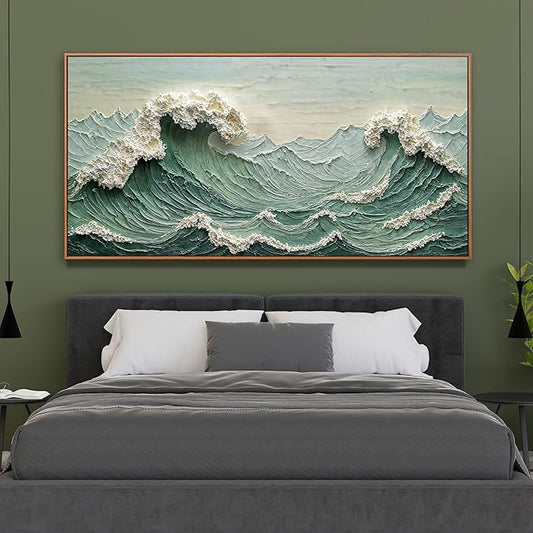 Canvas Wall Art Decor Pictures Large Sea Wave Abstract Wall Decor Print Modern Abstract Green Wall Art Painting Pictures For Living Room Home Kitchen Office Artwork 29 X 58 Inch With Framed