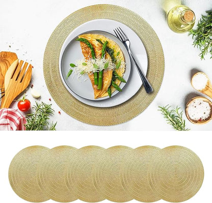 Gold Placemats Set of 6-15 Inch Round PVC Table Mats, Heat-Resistant & Waterproof Washable Place Mats for Dining Table, Elegant Metallic Decor for Holiday Dinner Party Decorations