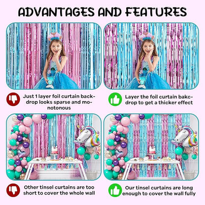 4 Pack 3.3x8.2 Feet Blue and Pink Foil Fringe Backdrop Curtains, Tinsel Streamers Birthday Party Decorations, Fringe Backdrop for Graduation, Baby Shower, Gender Reveal, Disco Party