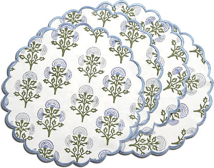 Ridhi Mughal Buta Blue Hand Block Print Cotton15 Inch Round Set of 4 Reusable Washable PlaceMats Kitchen Dining Thanksgiving Halloween Christmas Weddings Everyday Use
