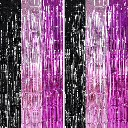 TONIFUL Black Pink Hot Pink Door Streamers,Black and Pink Photo Booth Backdrop Metallic Streamers Foil Fringe Curtain for Birthday,New Year,Graduation,Grad,Baby Shower Party Streamers Decoration