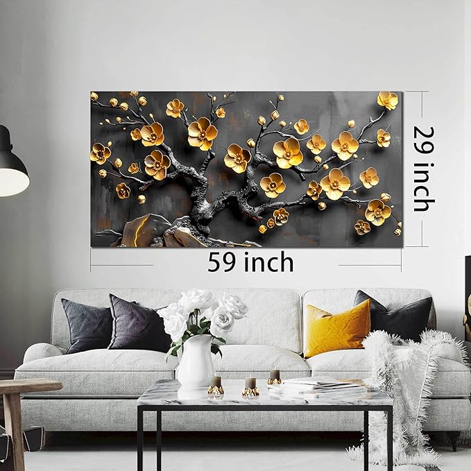 Large Canvas Wall Art for Living Room Bedroom Home Office Grey and Gold Metal Color Plum Blossom Picture Modern Canvas Prints Framed Wall Decor Size 29x59