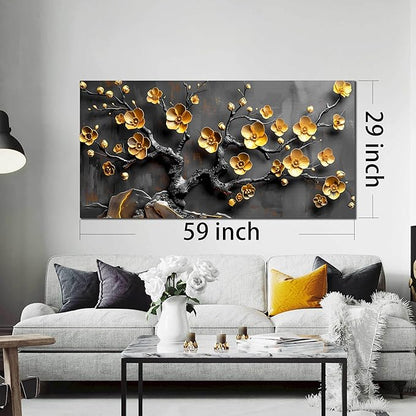 Large Canvas Wall Art for Living Room Bedroom Home Office Grey and Gold Metal Color Plum Blossom Picture Modern Canvas Prints Framed Wall Decor Size 29x59