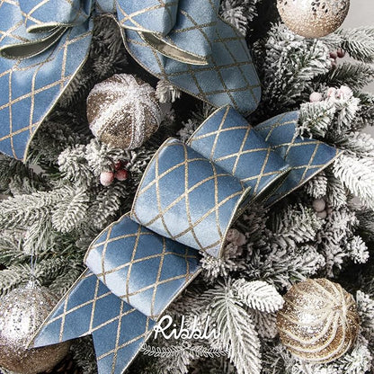 Ribbli Dusty Blue Velvet Ribbon Wired with Glitter Diamond Grid 4 Inch Christmas Ribbon for Christmas Tree Decoration Big Bow Gift Wrapping Crafts Wreaths Garland Supplies - 10 Yards