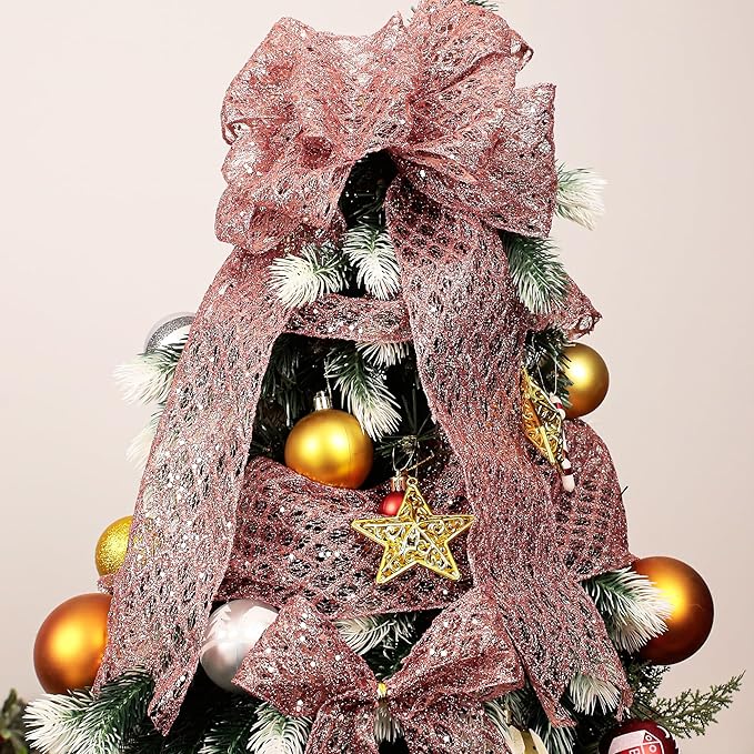 VATIN 6" Rose Gold Christmas Ribbon, Rose Gold Glitter Mesh Diamond Web Sequin Dots Wired Christmas Ribbon, Fall Ribbon for Gift Wrapping Bow Making Wreath Supply-10 Yards