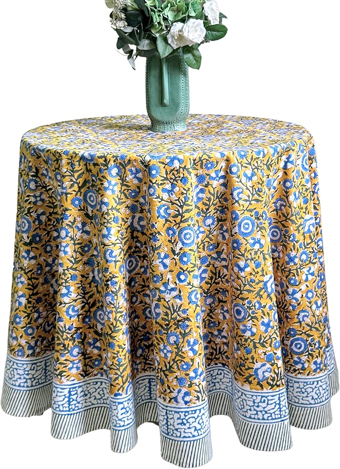 ATOSII Marigold Blue100% Cotton Round Tablecloth, Block Print Floral Table Cloth for Dining, Parties, Weddings, Outdoors, Holidays I 90" Inches, 6 Seater I Grandmillennial Farmhouse Spring Summer Boho